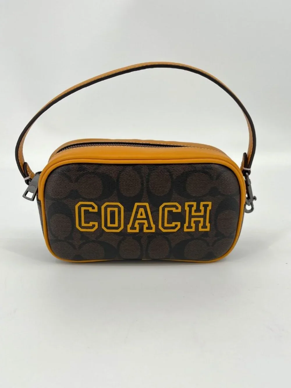 Coach Jamie Wristlet In Signature Canvas With Varsity Motif QB/Brown/Buttercup